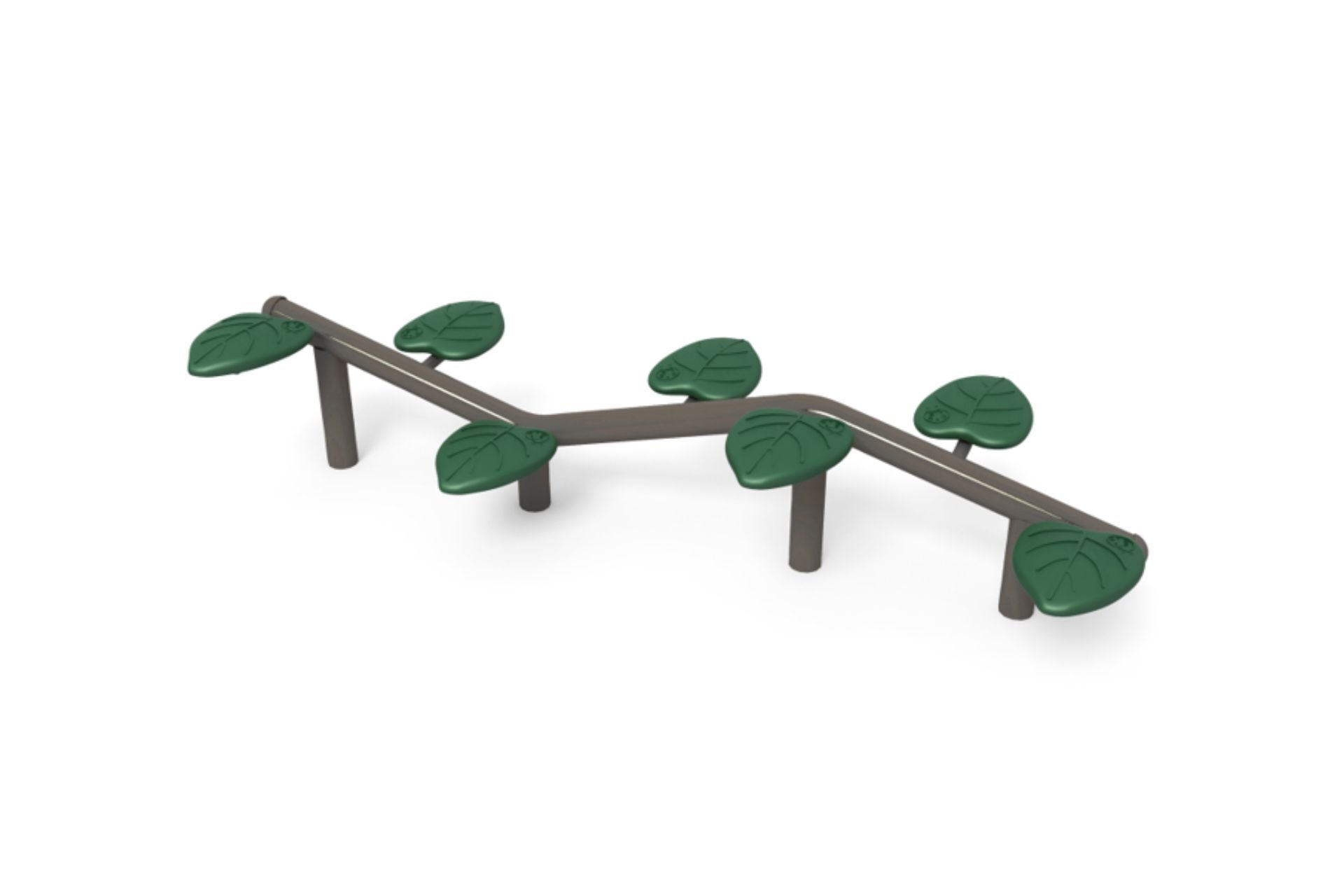 Outdoor balance beam with green leaf-shaped stepping pads on a sturdy brown frame for kids' coordination play