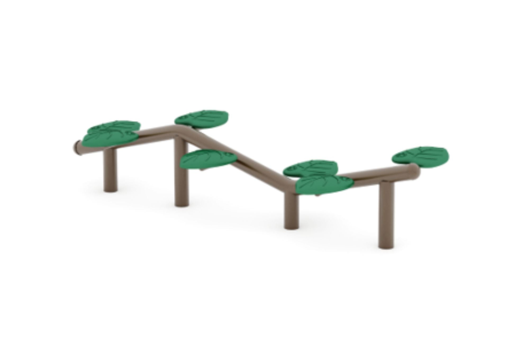 Outdoor children's balance beam with green leaf-shaped stepping pads on brown supports for active play and coordination development