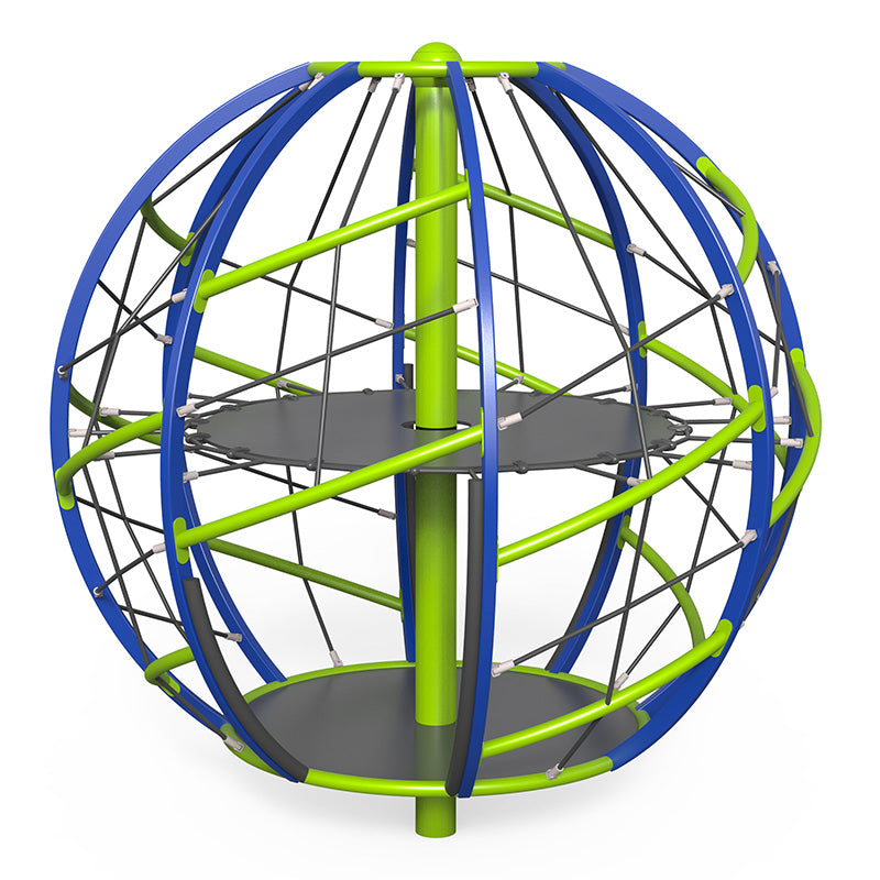 Little Orbiter spherical climber with central post, rope netting, and two internal platforms in blue and lime colors