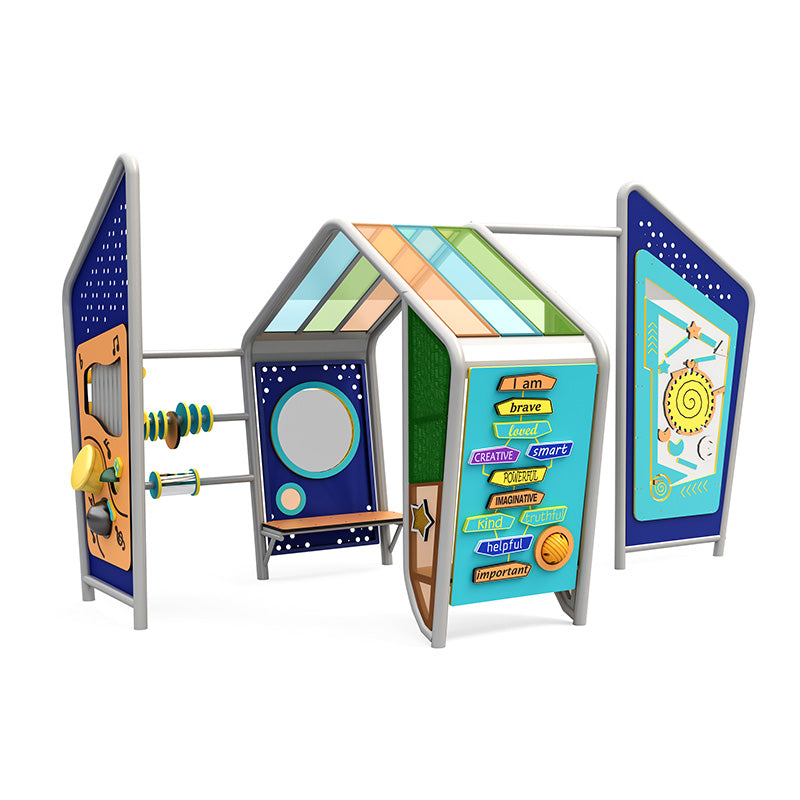Ashton’s Quiet Cove freestanding sensory play structure front angle with activity panels and calming colors