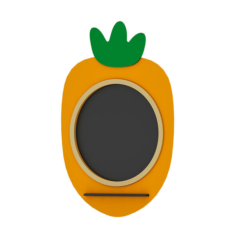 Orange carrot-shaped chalkboard with green leafy top, oval writing surface, and chalk holder below