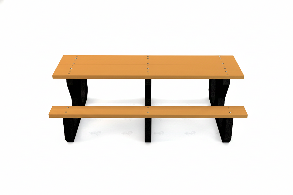 Recycled Plastic Youth Table with orange recycled plastic planks and black supports, eco-friendly outdoor youth picnic seating for parks and playgrounds