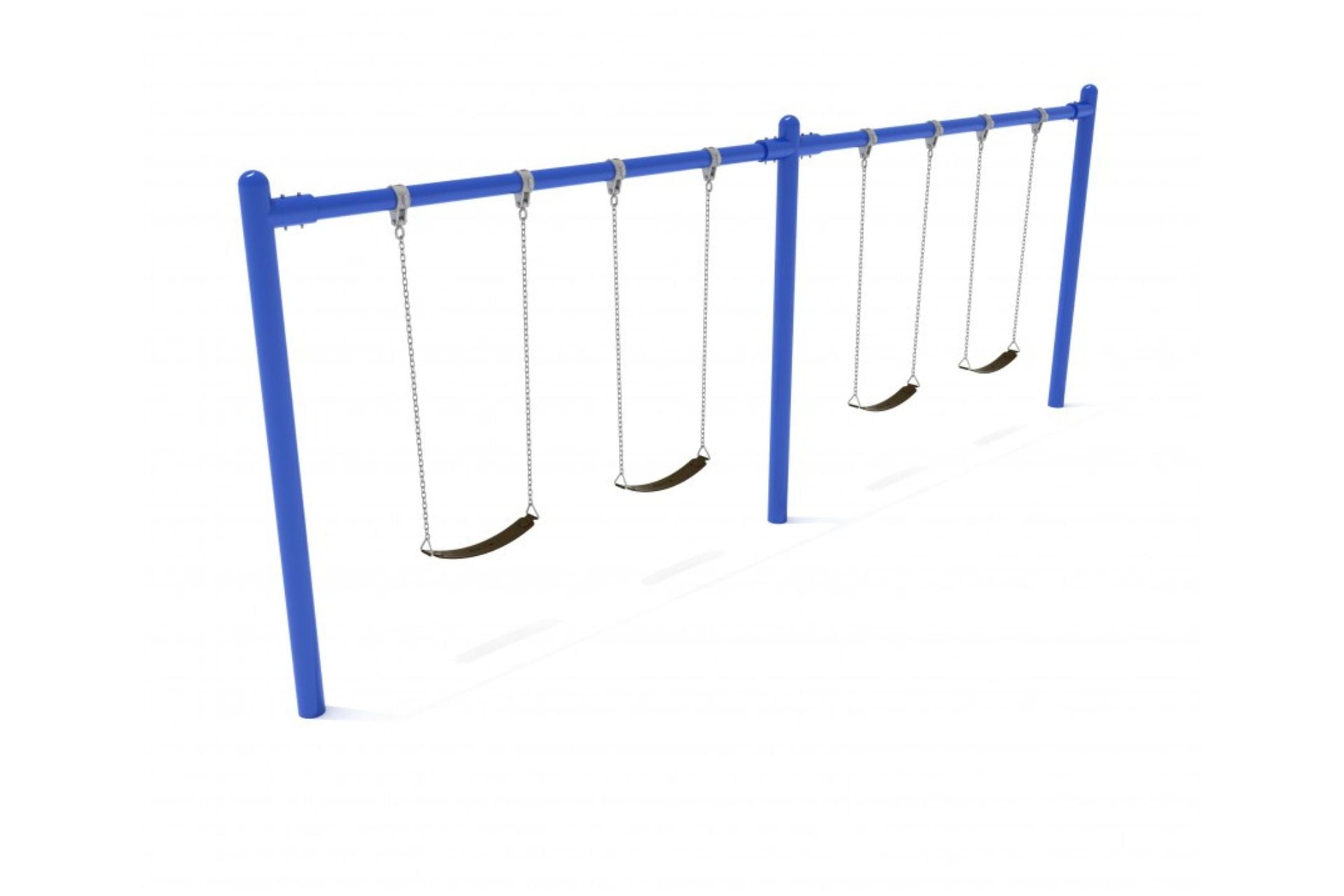 Cobalt blue metal commercial swing set with single post, two bays, four black belt seats, and heavy-duty chains