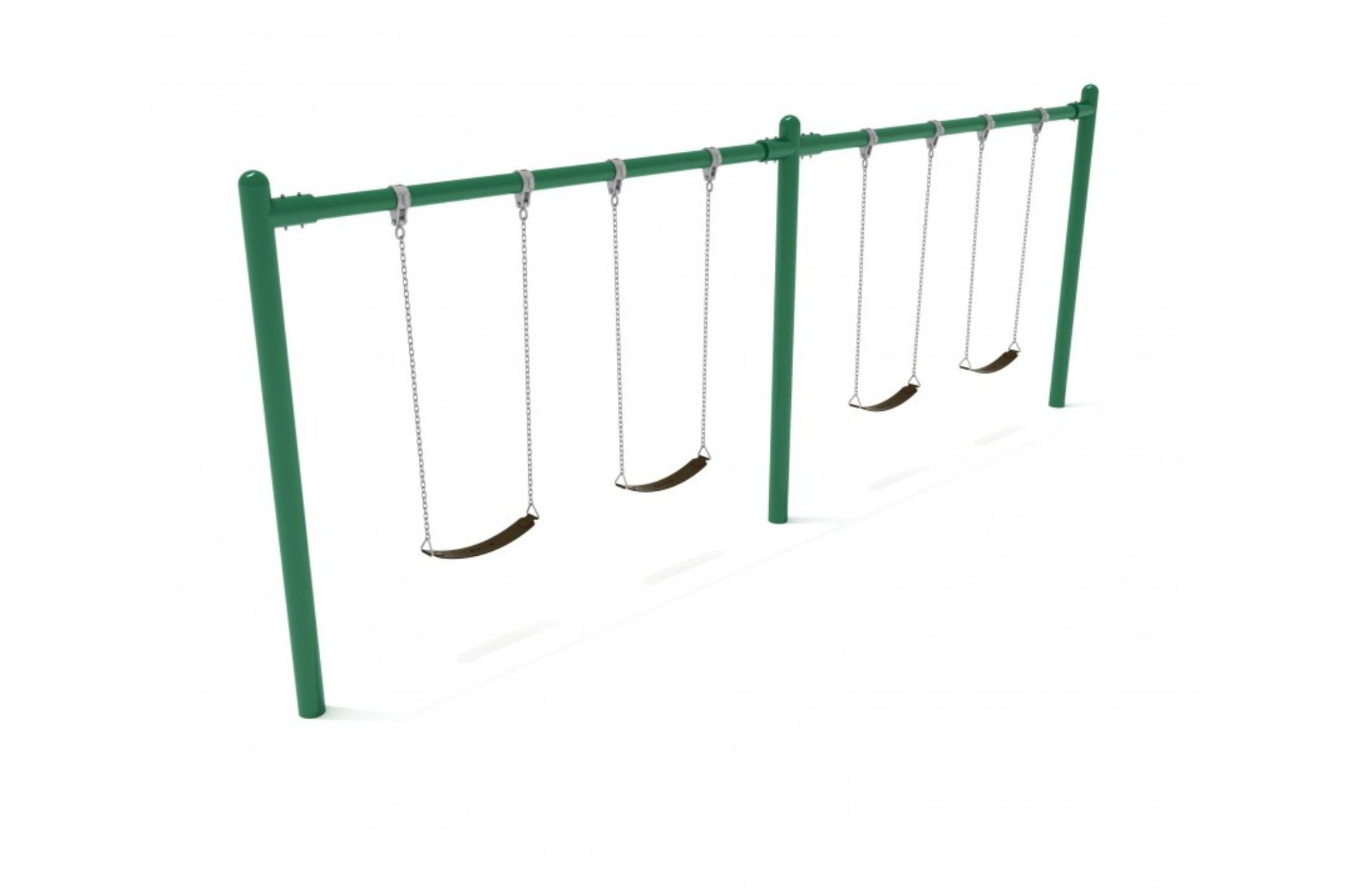 Green metal playground swing set with two bays and four black belt seats hanging from chains