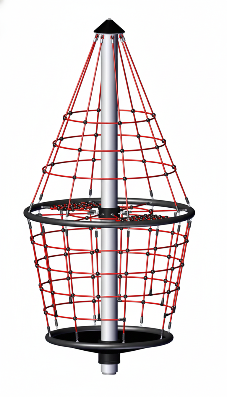 Tower Carousel playground climbing equipment with red rope netting and black circular frames around central metal pole