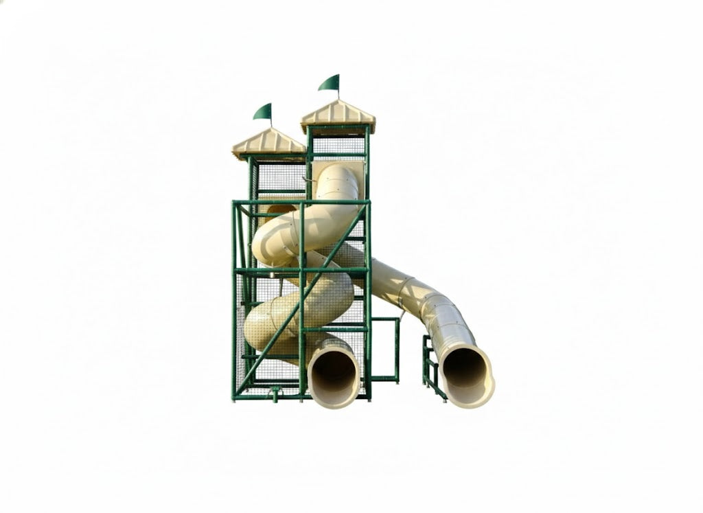 Mobile Bay Water Slide with two beige enclosed flumes, green support structure, flags, and empty pool in suburban aquatic setting