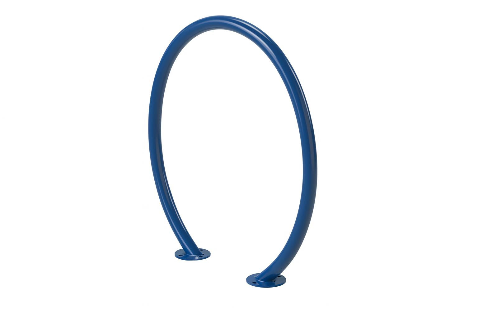 Solstice Bicycle Rack in blue with large round tube design, surface-mounted on sidewalk near greenery and street trees