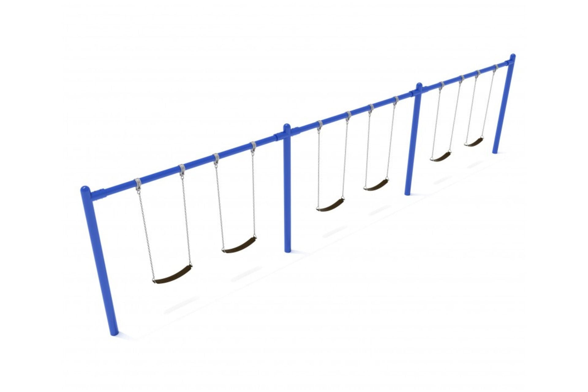 Blue metal playground swing set with six black belt swings hanging from chains, designed for outdoor use.