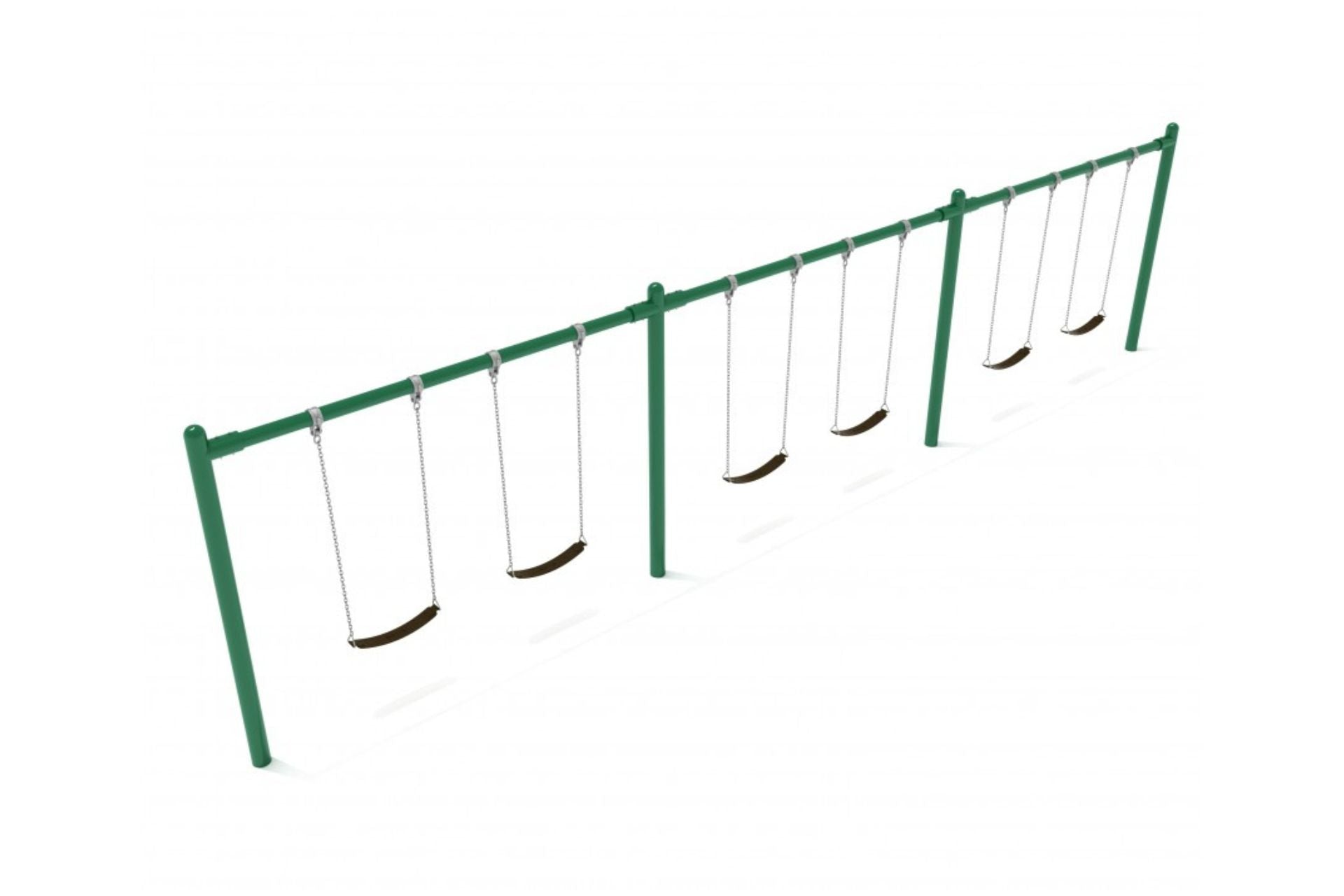 Green metal playground swing set with six black belt seats hanging from chains on three bays