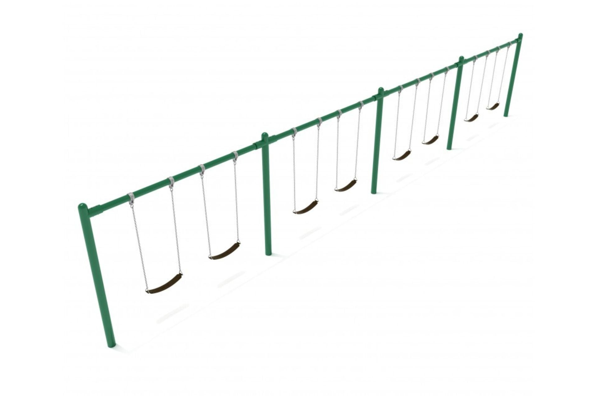 Green metal single-post swing set with four bays, black belt seats hanging from chains, durable outdoor playground equipment