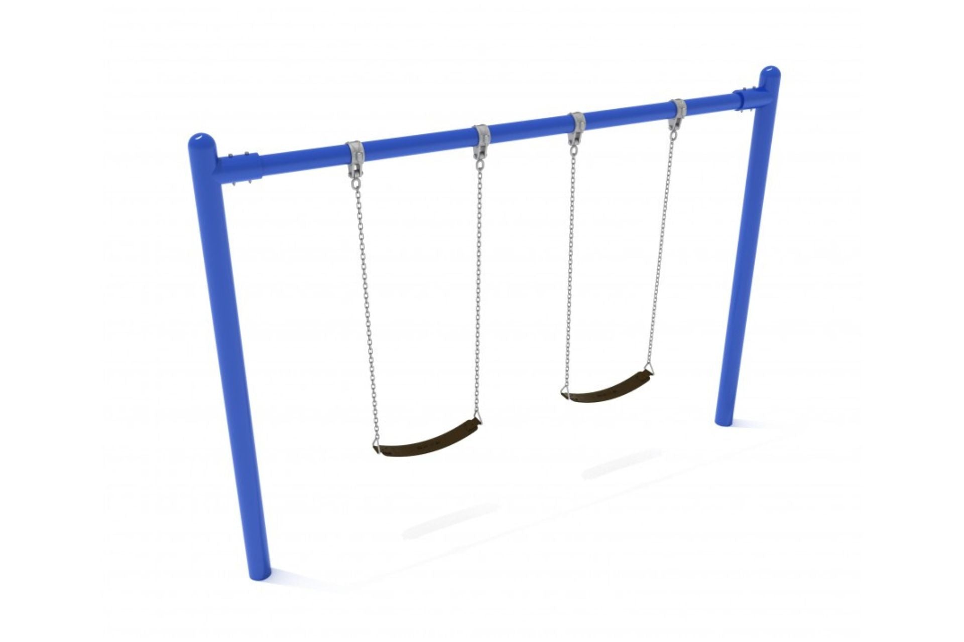 8 Feet High Elite 5 Inch Single Post Swing with cobalt blue metal frame and two black belt seats on chains for playground use
