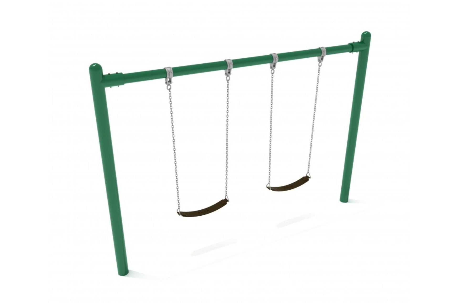 Green metal single-post swing set with two black belt seats suspended by chains, minimalistic playground equipment.