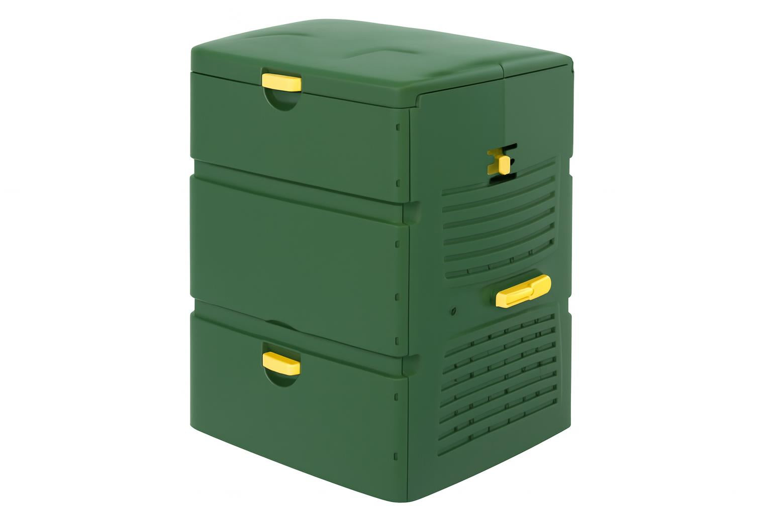 Aeroplus 6000 Multi-Stage Compost Bin in leaf green with yellow handles, vertical multi-chamber design, active aeration vents, hinged lid with lock