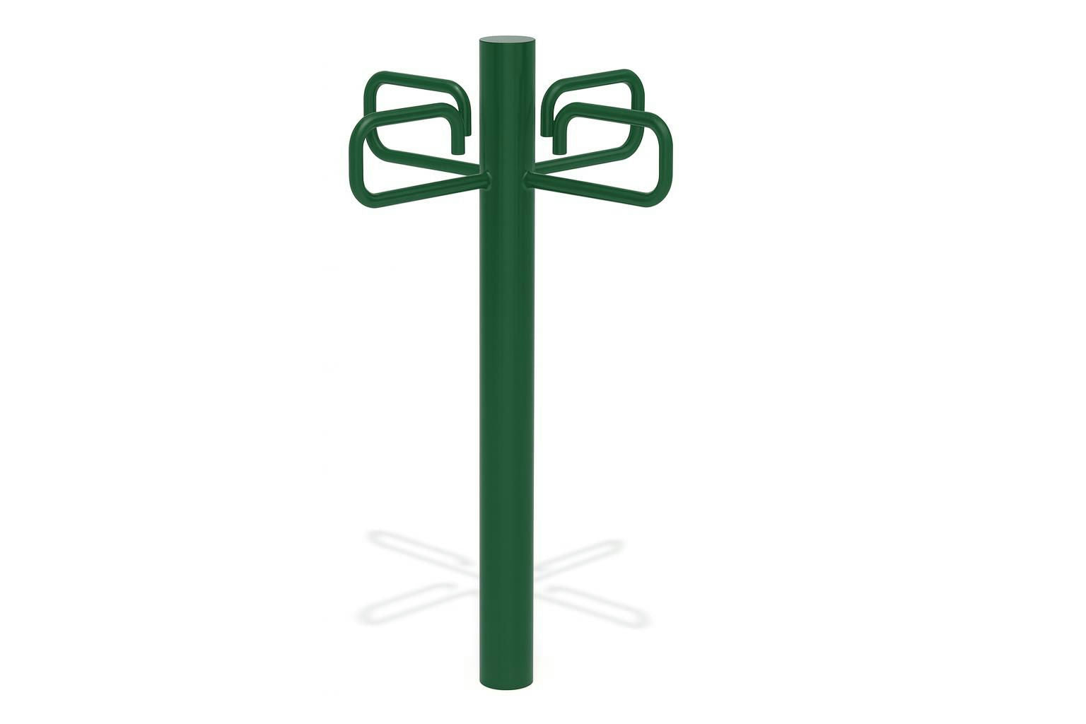 Leash Post natural green metal post with four C-hooks holding colorful dog leashes in outdoor park setting