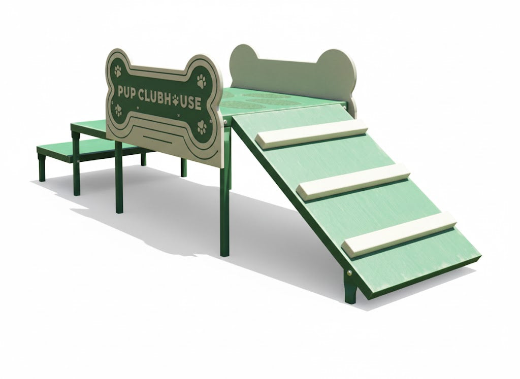 Mini Pup Clubhouse green dog agility play structure with bone-shaped panels and ramp on artificial turf surrounded by playful dogs in a fenced park