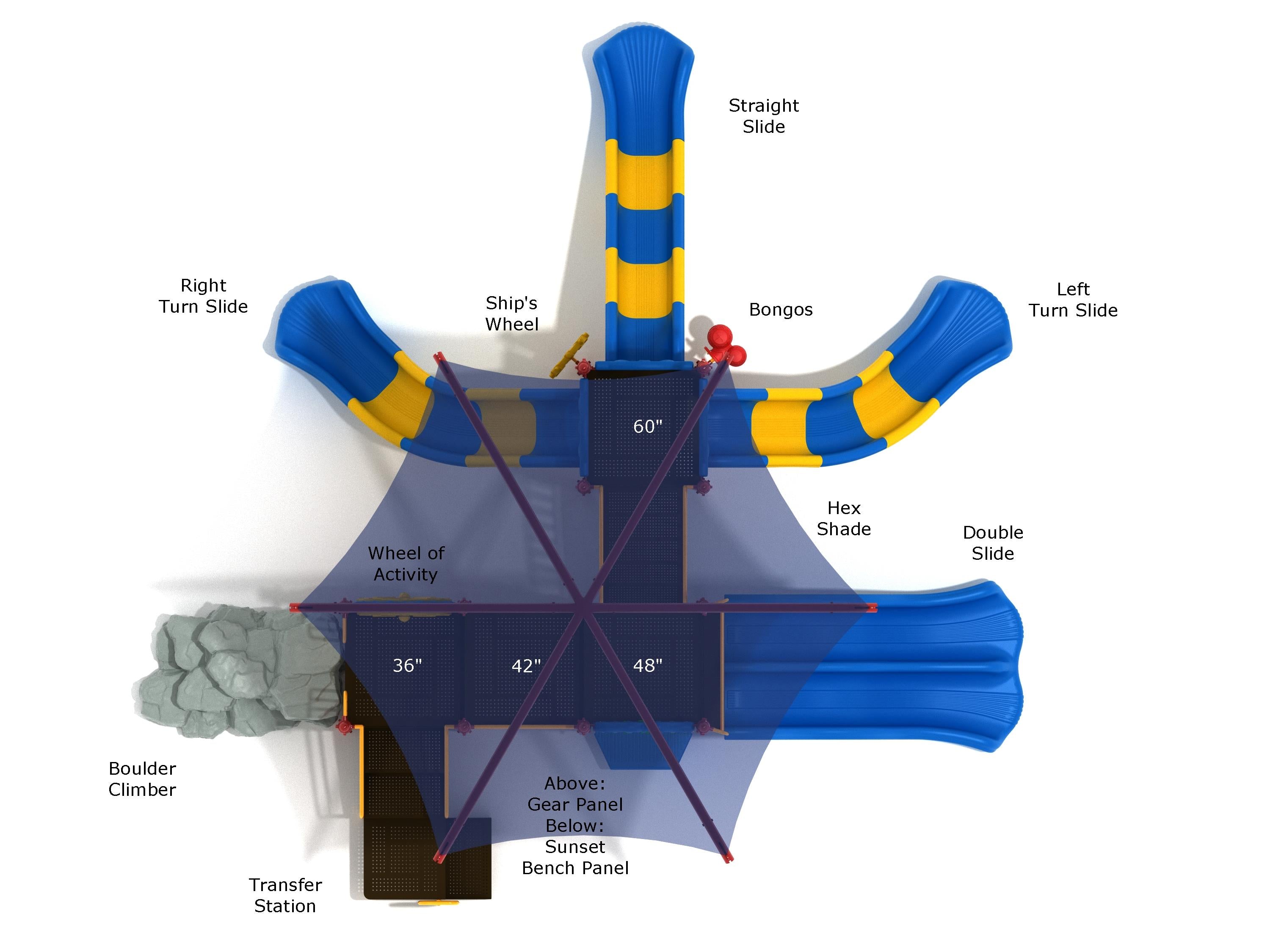 Overhead view of a blue and yellow playground with multiple slides, boulder climber, shade canopy, and interactive panels