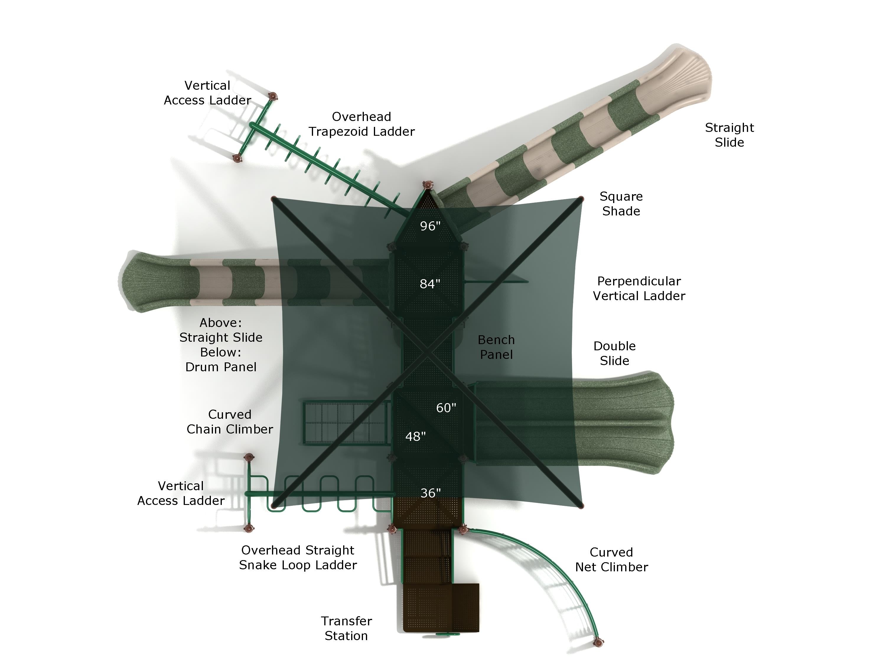 Overhead view of a playground system with slides, ladders, climbers, shaded platform, drum panel, and bench