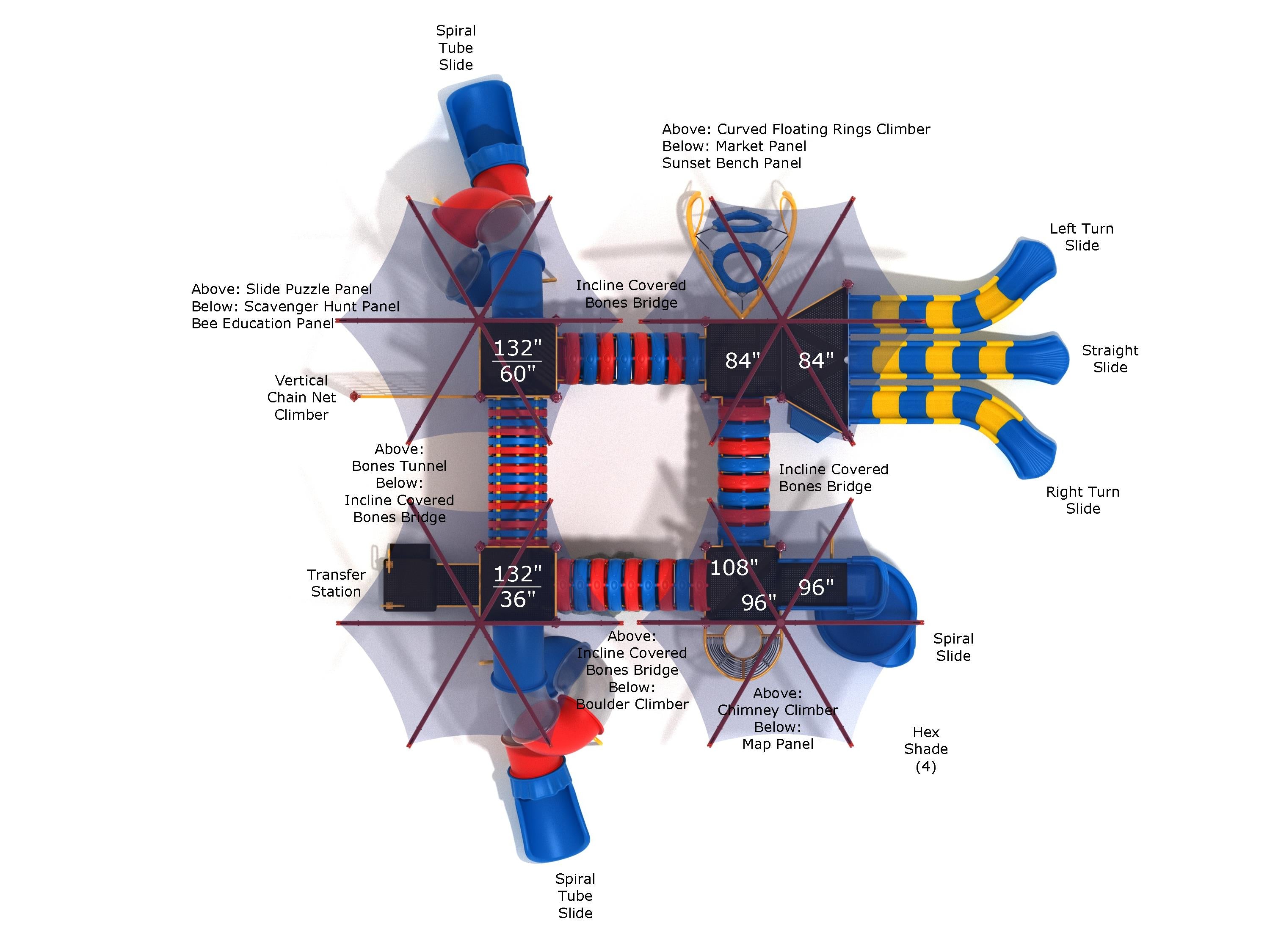 Overhead view of colorful commercial playground with slides, climbers, bridges, activity panels, and hexagonal shade canopies