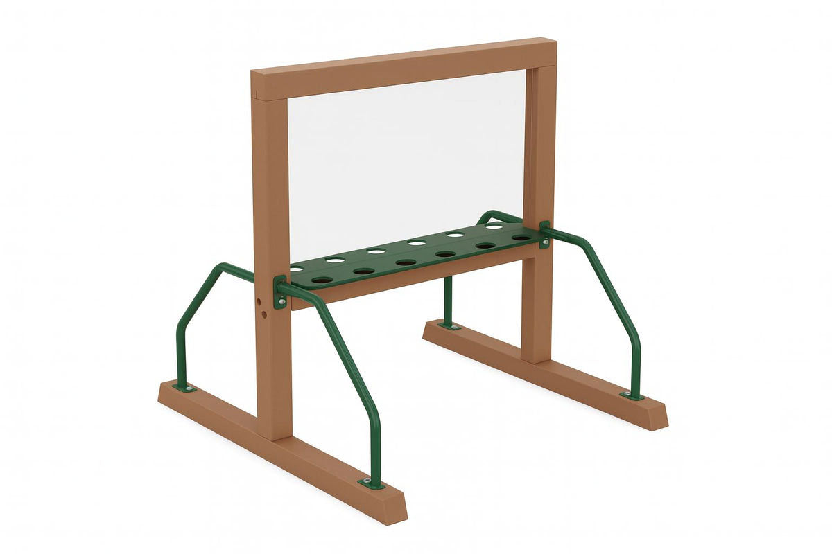 Group Art Easel Panel with tan frame and green paint holder, three children drawing collaboratively outdoors on grass playground