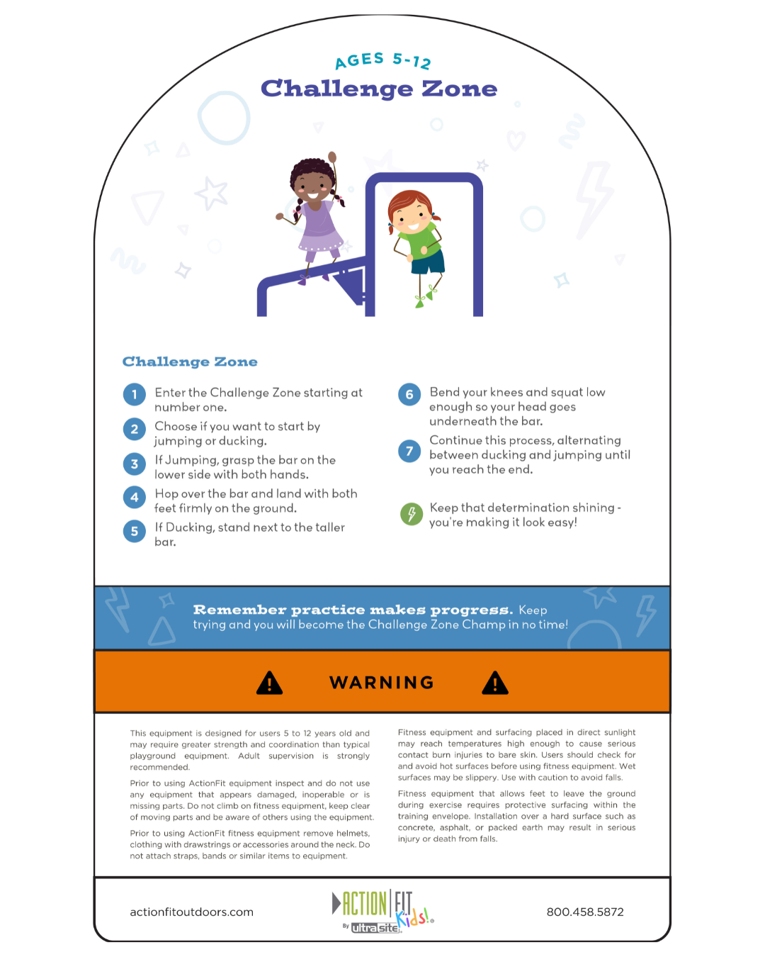 Colorful outdoor fitness challenge sign with cartoon children demonstrating jumping over bars and ducking under obstacles.
