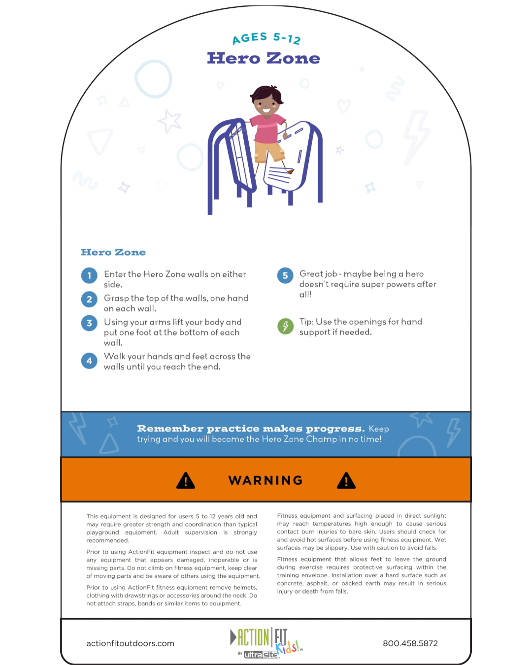 Child climbing between two angled walls with handholds and footholds on outdoor kids fitness equipment