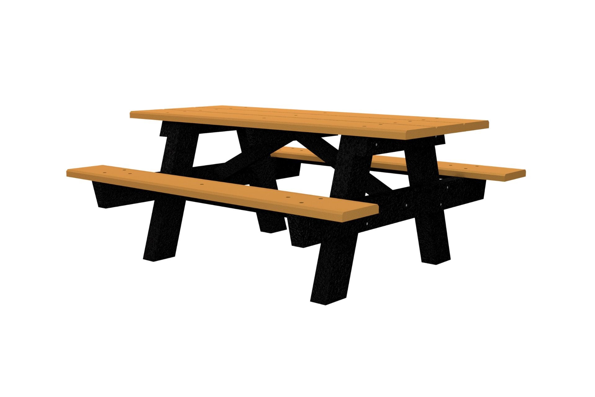 A Frame Recycled Plastic Table with black A-frame legs and brown wood-style top and benches, outdoor picnic table design
