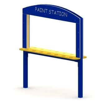 Blue double-sided playground paint station with clear polycarbonate surface and yellow paint cup shelf
