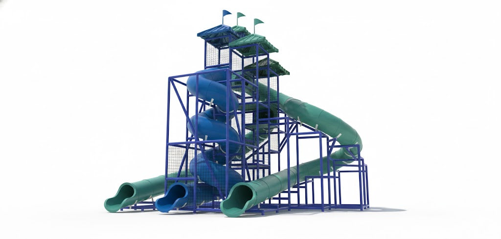 The Atlantic Ocean Water Slide with three large green and blue spiral and curved slides supported by a blue metal frame by poolside with lounge chairs and trees