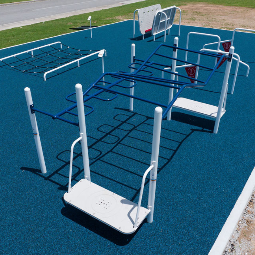 ActionFit Kids Accessible Strength Zone outdoor workout equipment with blue climbing bars and white support posts on blue safety surface