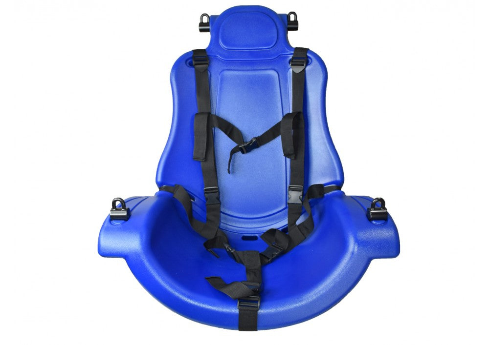 Pacific blue adaptive child swing seat with black nylon safety harness and secure fastener points, front-facing view