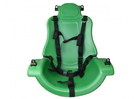 Green adaptive swing seat with black adjustable harness straps designed for inclusive playground use