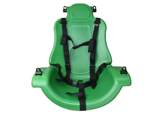 Green adaptive child swing seat with black nylon safety harness and secure fastener points for inclusive playground use