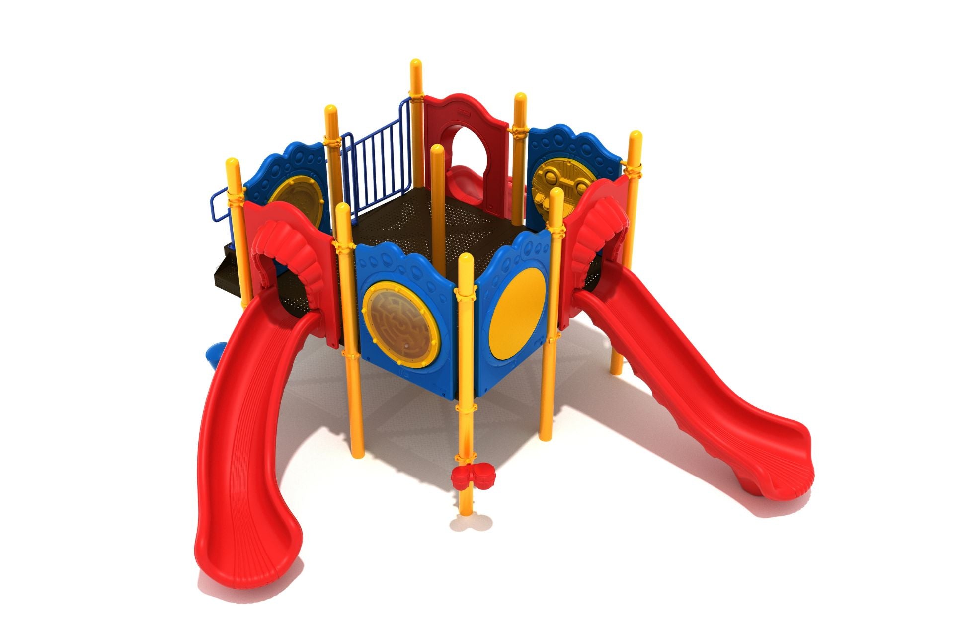 Admirals Cove Playground with red slides, blue and yellow activity panels, and yellow support poles in a colorful play system