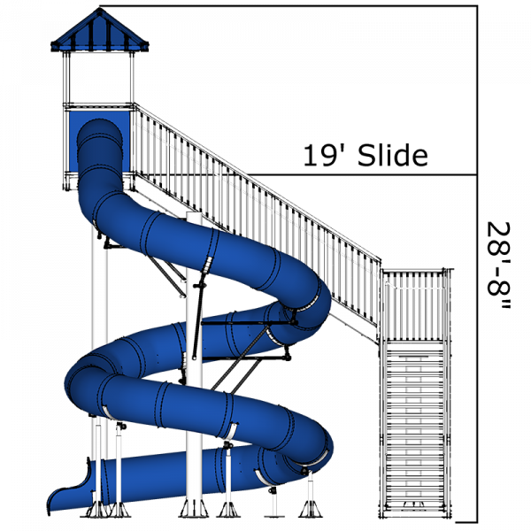 Tall blue enclosed spiral water slide with open white stair access and safety railings, supported by sturdy white beams