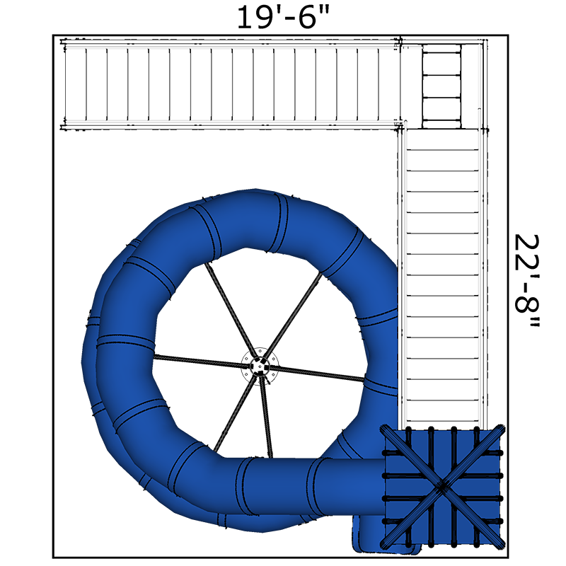 Overhead view of a blue enclosed spiral water slide with open stair-step access platform and sturdy structural supports