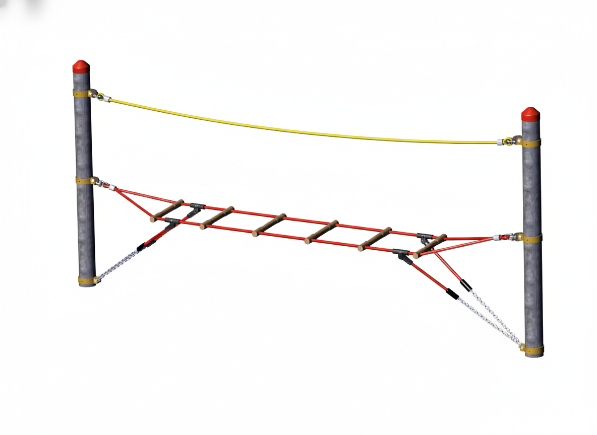 Rope Ladder with red ropes, wooden rungs, and steel connectors with red caps, playground climbing equipment for active play