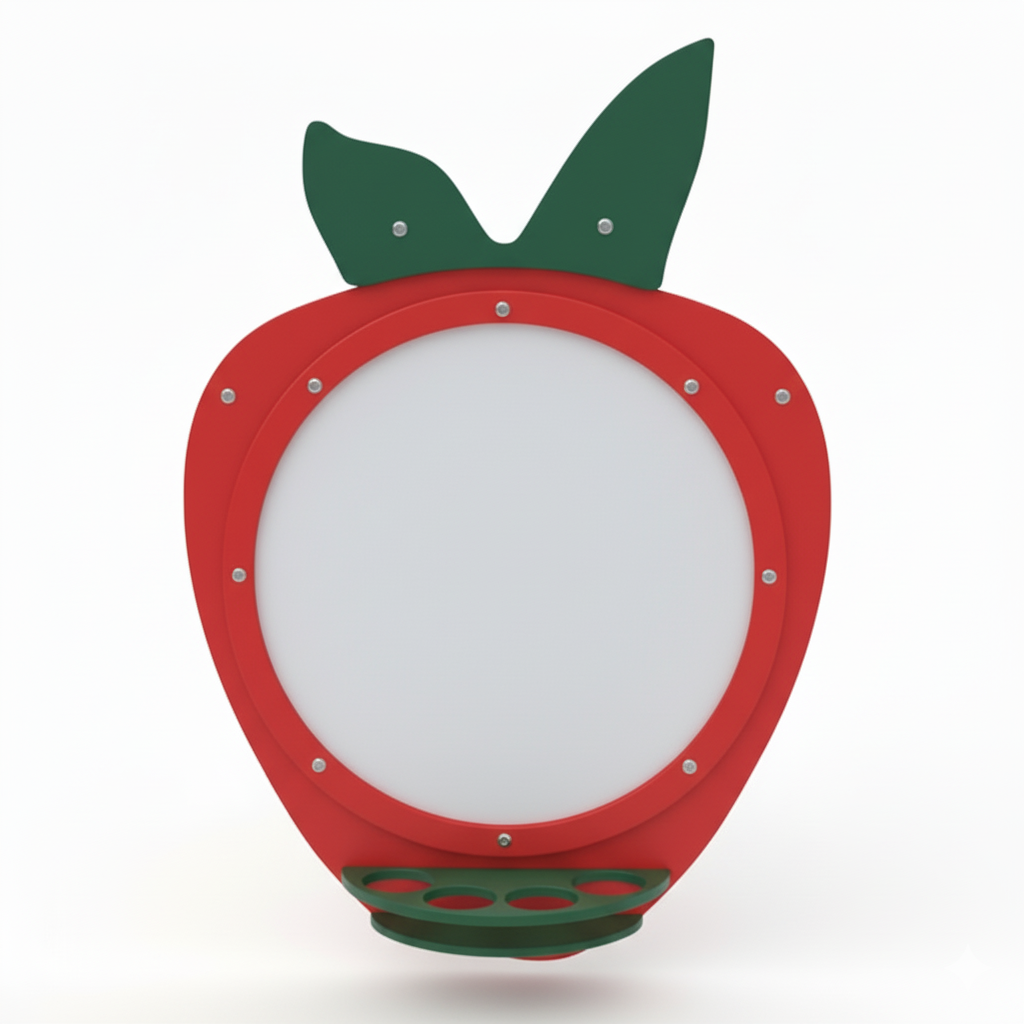 Fruit Art Panel Apple with red apple-shaped frame, green leaf accents, circular white drawing surface, and paint cup holder for outdoor creative play