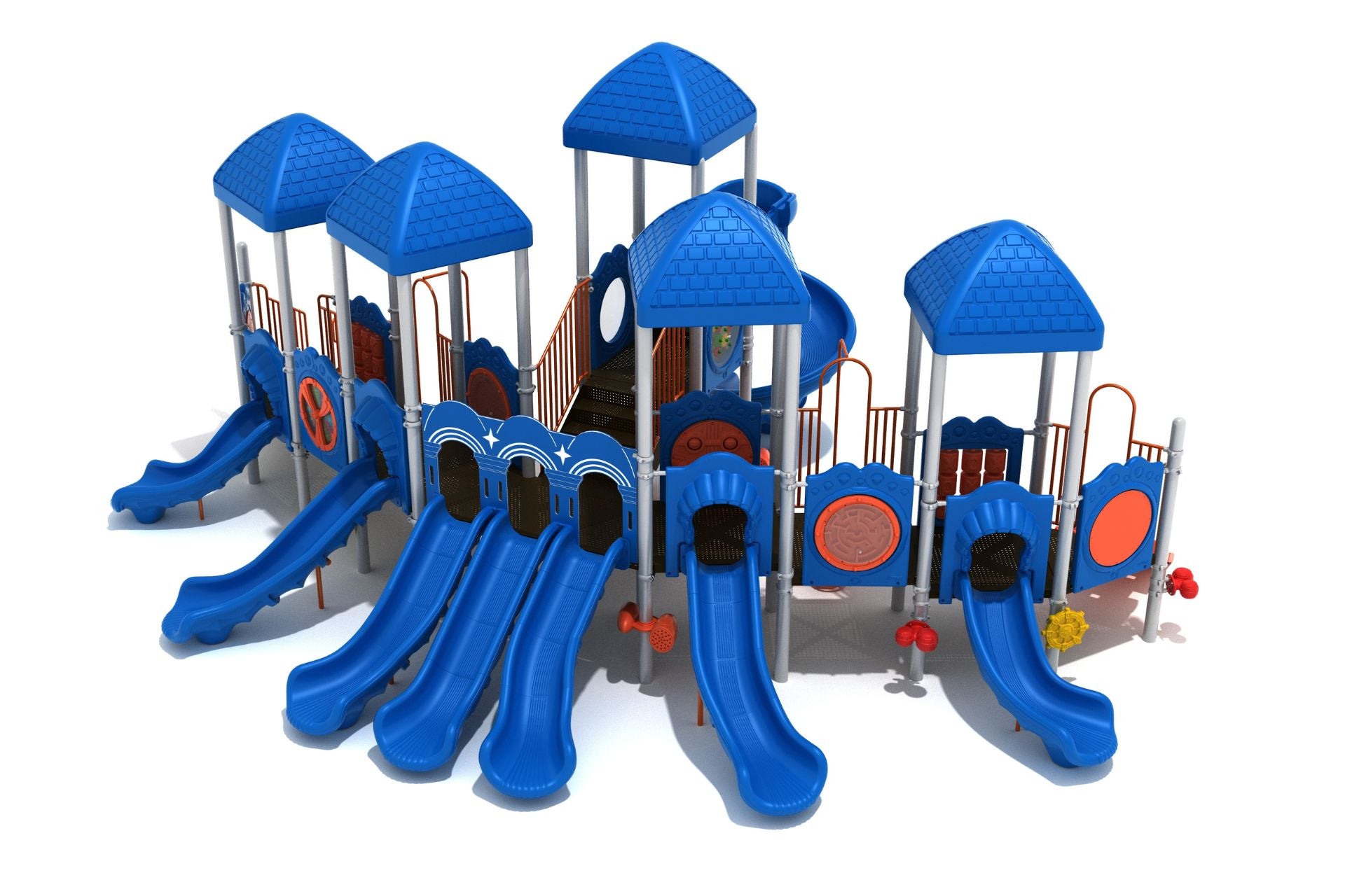 Arlington Heights Playground with symmetrical design, seven blue slides, multiple towers with blue roofs, and interactive activity panels
