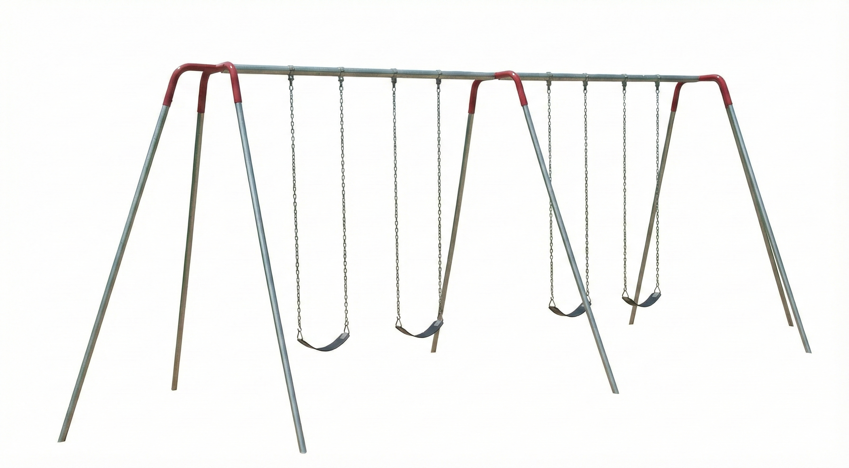 Heavy Duty Swing Set metal tripod frame with four black swing seats hanging from chains over wood chip ground in a neighborhood park