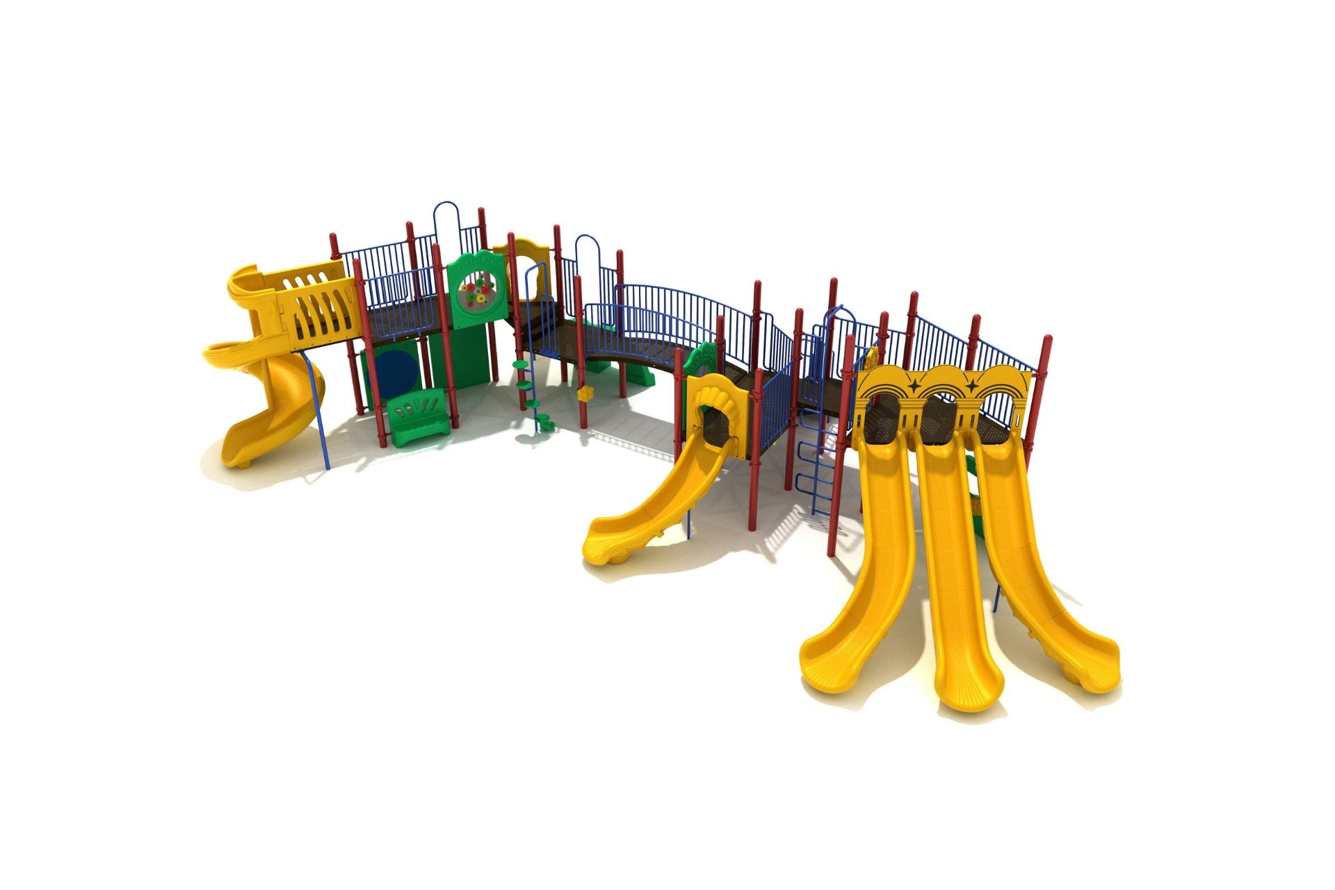 Bakers Ferry Playground with multiple yellow slides, spiral slide, climbing walls, interactive panels, and colorful play structure