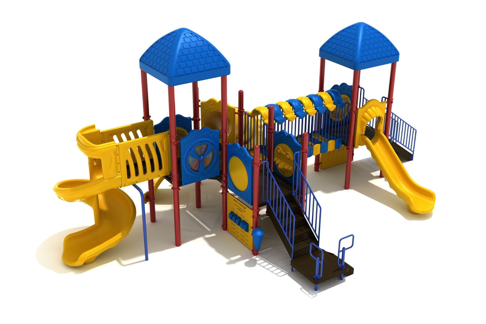 Barrington Ridge Playground with blue roofs, yellow slides, climbing stairs, musical and educational play panels, and a covered bridge