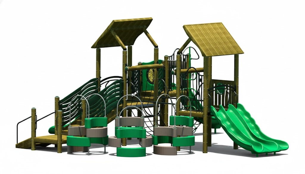 Kingdom Play System outdoor wooden play structure with two green slides, climbing features, shaded platforms, and mulch ground surface