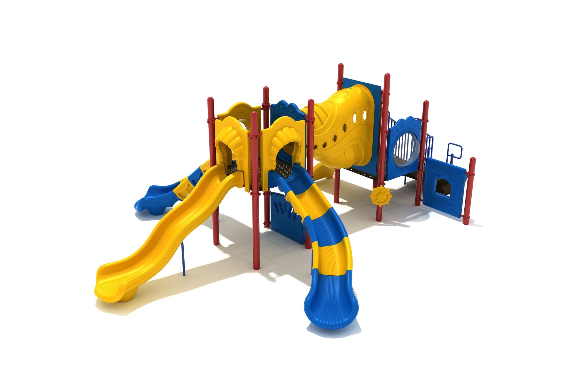 Berkshires Playground large play system with yellow and blue slides, climbing panels, interactive panels, and a funnel tube bridge