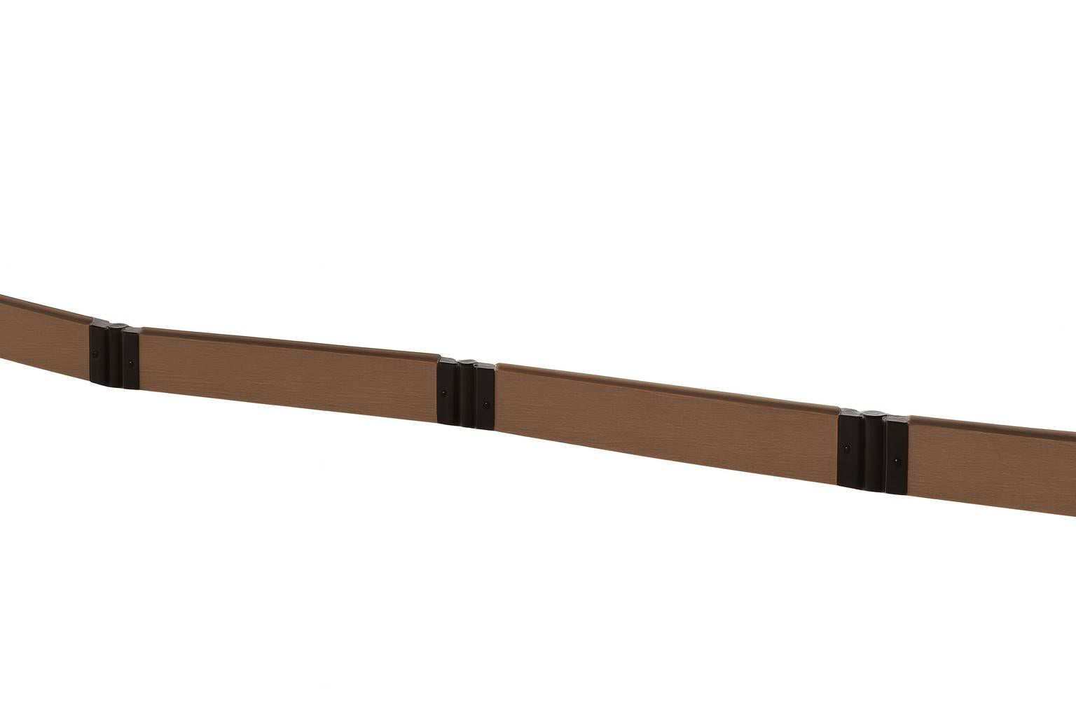 Tool-Free Classic Straight Playground Border in brown with black snap-lock brackets containing wood chip safety surfacing under green slide and swings