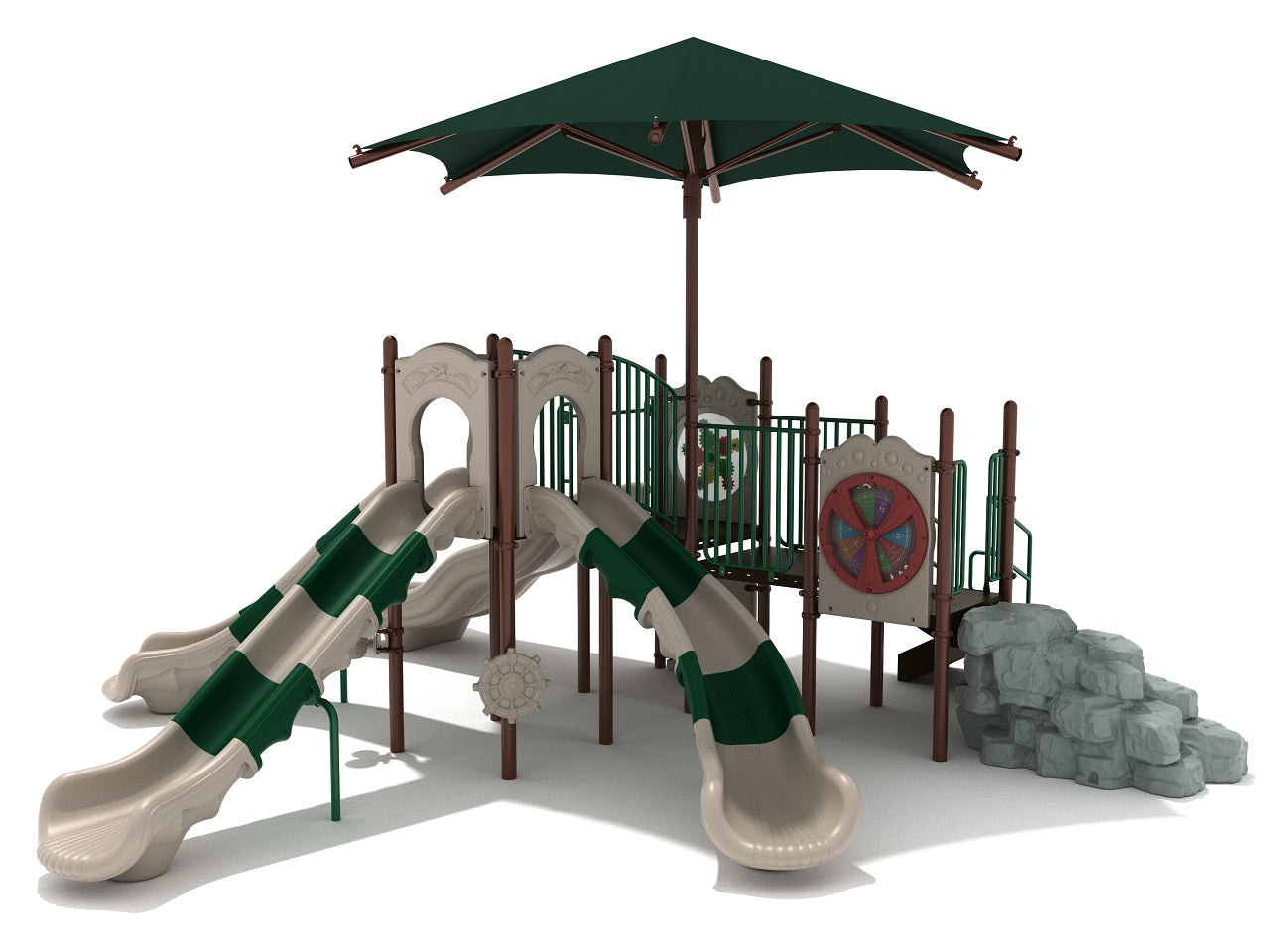 Playground structure with dual slides, climbing boulder, interactive panels including ship’s wheel and bongos, and large green shade canopy
