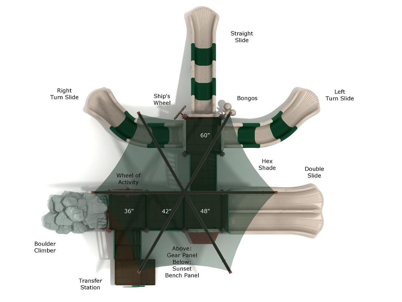 Overhead view of playground with multiple slides, boulder climber, shade canopy, and interactive panels including ship’s wheel and bongos