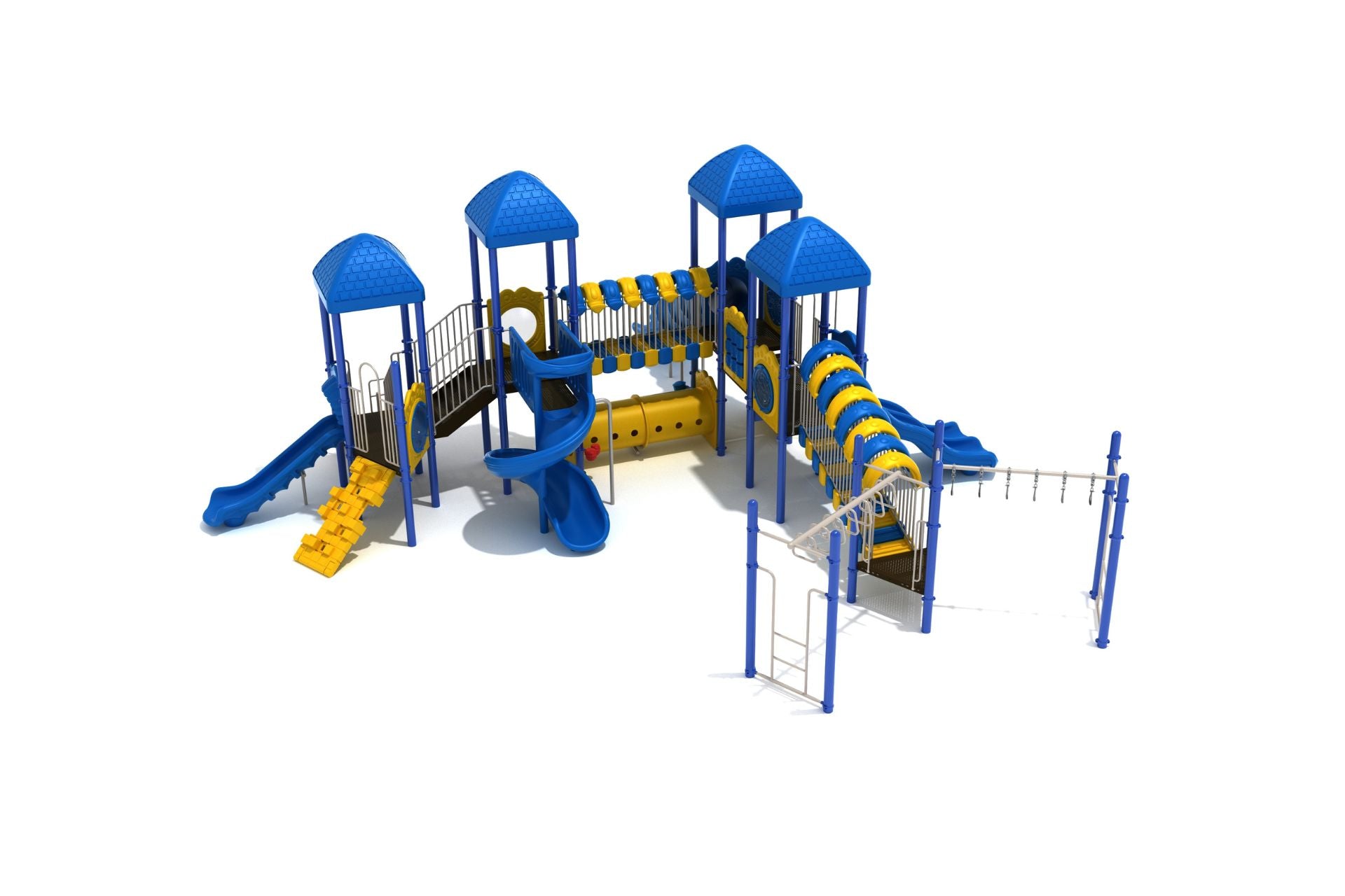 Boardwalk Place Playground large play system with blue roofs, yellow tunnels, multiple slides, bridges, and climbing features