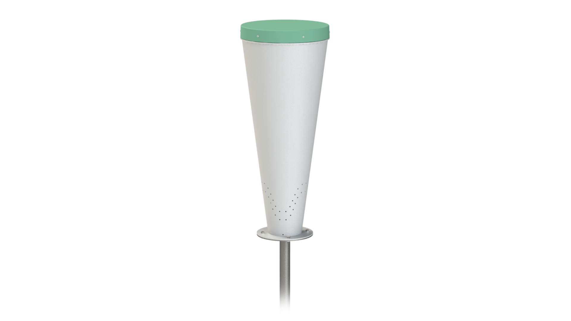 Bossa Nova Drums outdoor musical park instrument with white conical steel body and green synthetic drumhead