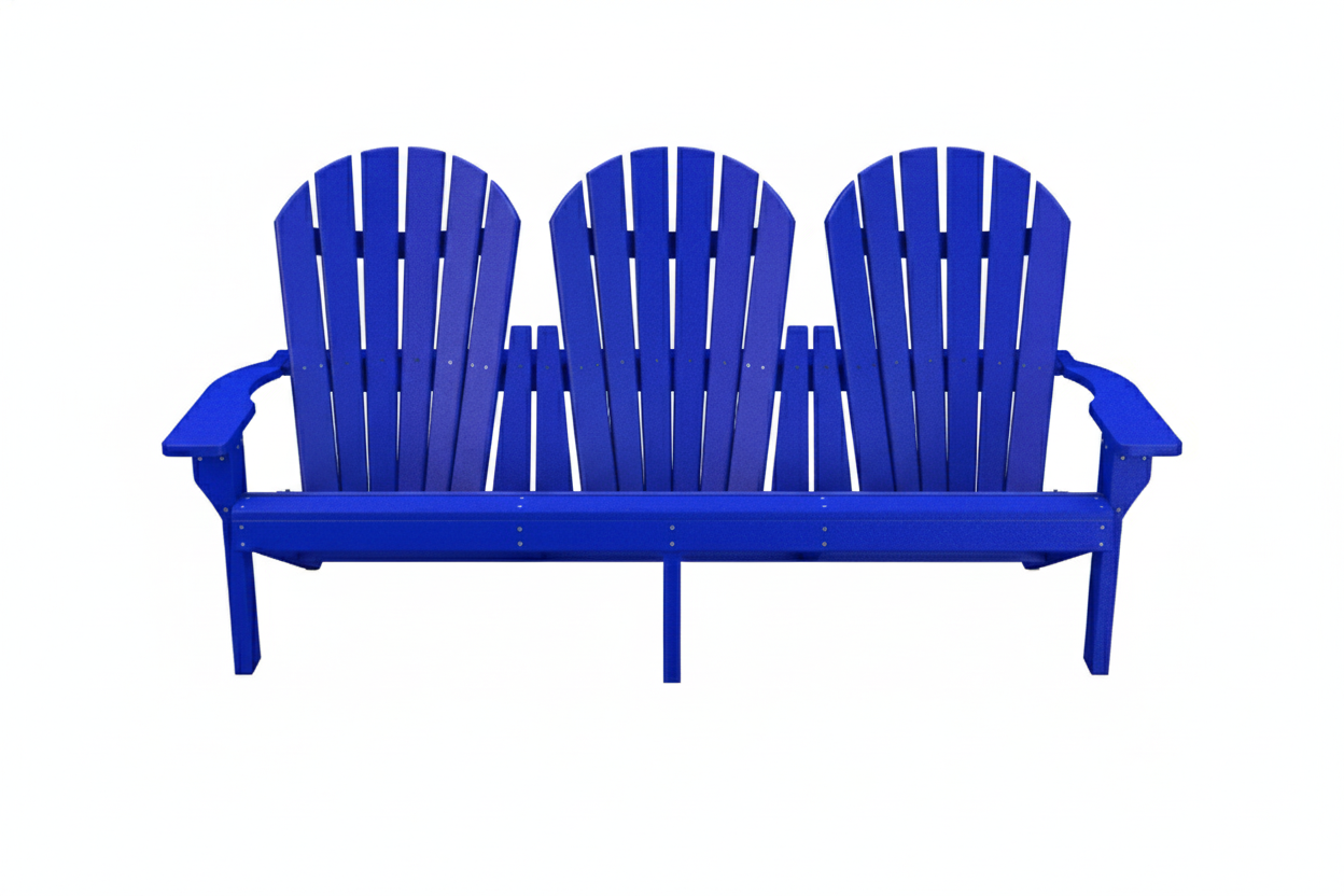 Grand Isle Recycled Plastic Adirondack Bench in blue with three seats and armrests, classic outdoor garden seating design