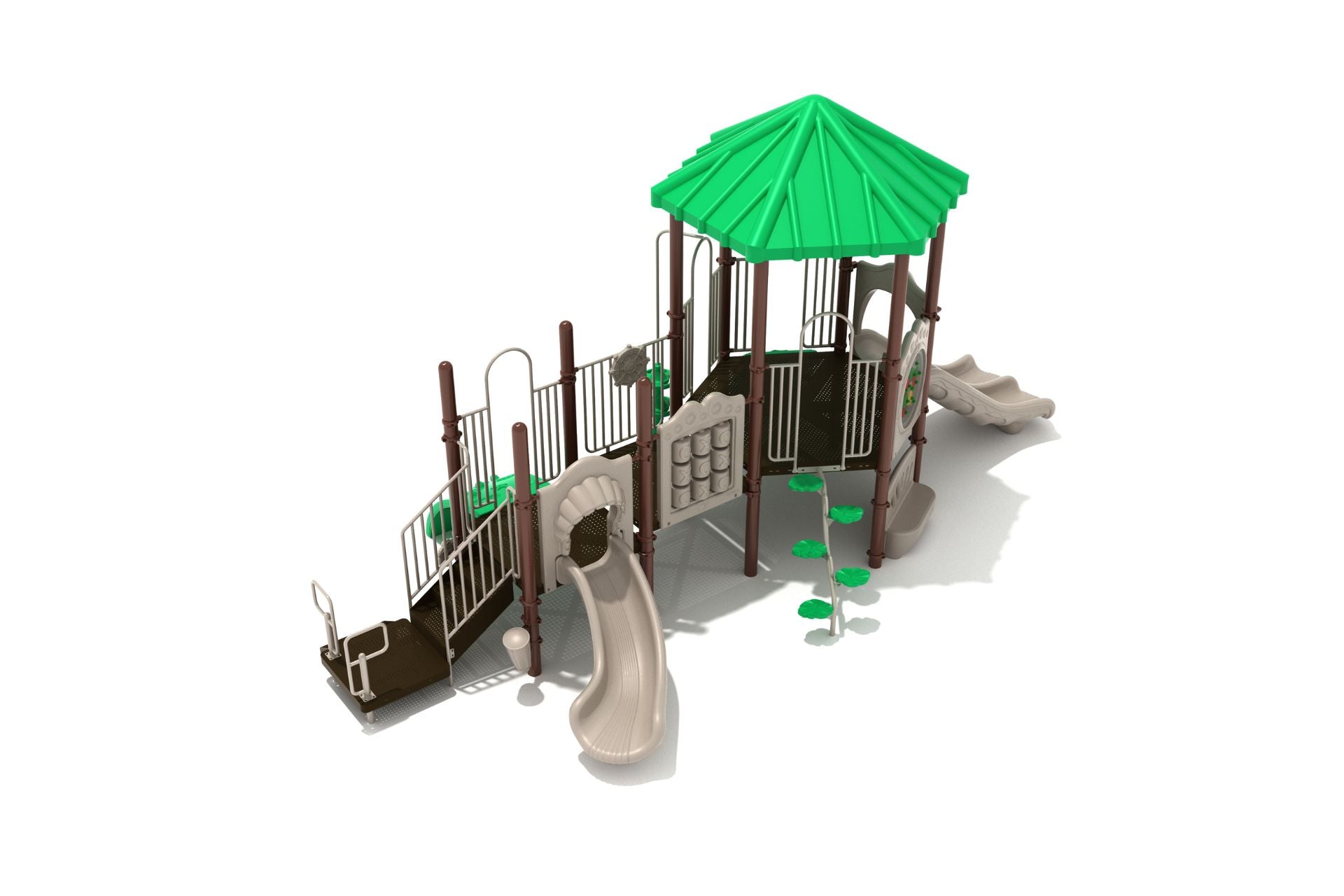 Briarstone Villas Playground with green hex leaf roof, beige double and single slides, brown posts, metal rails, and green Lotus Step Climber
